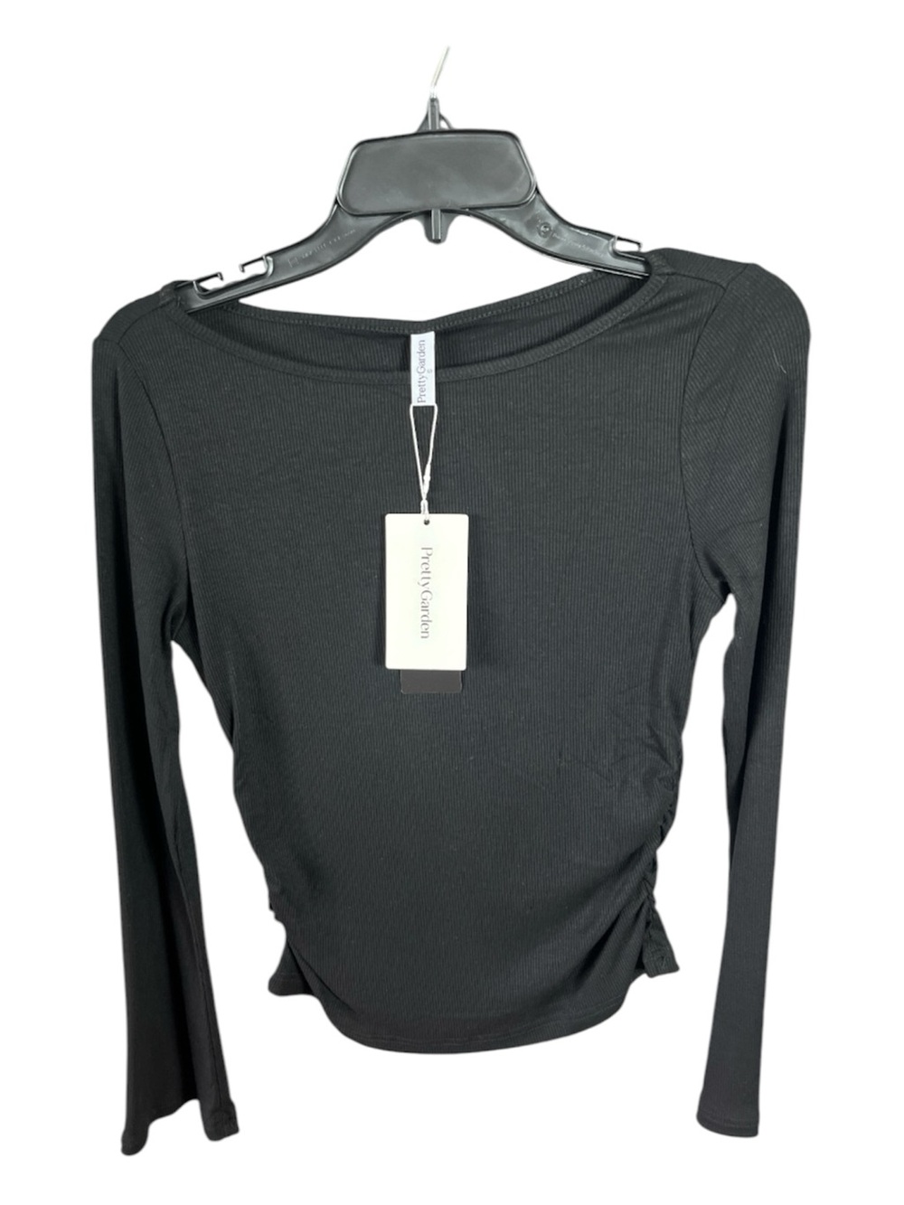 NWT PrettyGarden Black Ribbed Knit Boat Neck Side Ruched Long Sleeve Top